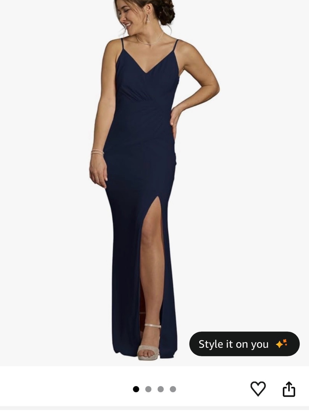 David's Bridal Navy V‑Neck Spaghetti Strap Maxi Gown with Thigh Slit